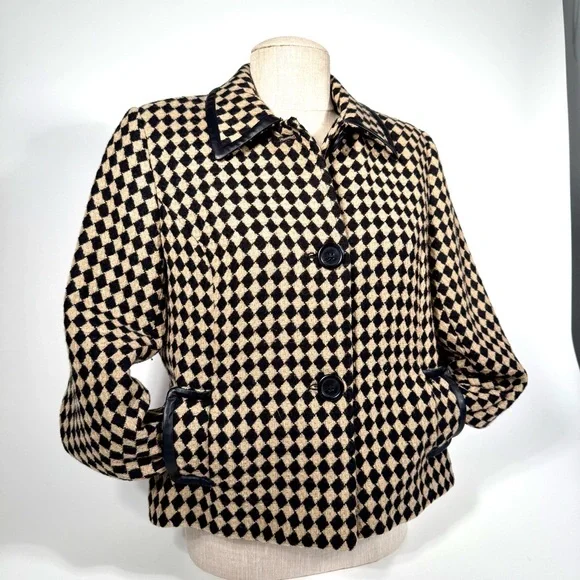 JM Collection Harlequin Wool Tweed Tan and Black Cropped Jacket - Punk Edgy - Picture 7 of 16